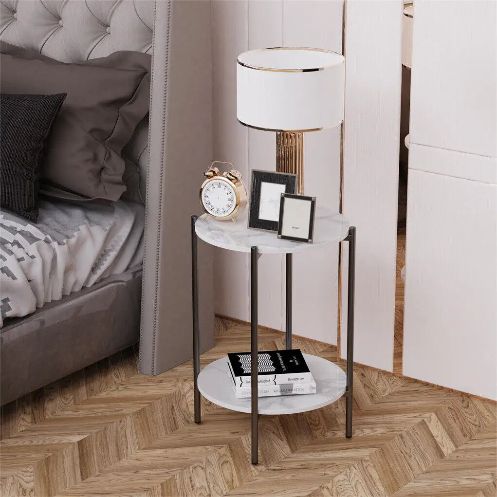 LUVODI 2-Tier Round Sofa Side Tables, Plant Stand with Storage Shelf, Metal Frame for Living Room Bedroom