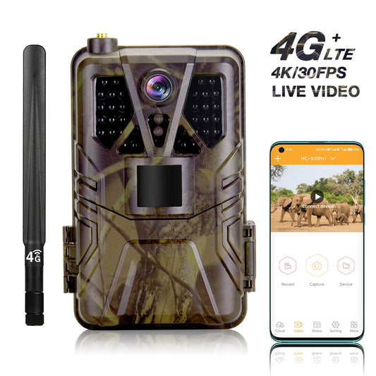 Caméra de chasse 4K 30fps avec contrôle par application, service cloud, 4G, 30MP, diffusion en direct, vision nocturne, piège photo pour la chasse sauvage HC910PRO