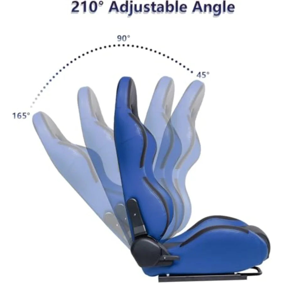 Par de asientos de carreras universales, reclinables de cuero PVC negro y azul, con asientos de cubo deslizantes de doble cierre