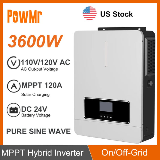 Inversor solar híbrido de 3600W 24V DC a 100/110/120V AC con controlador de cargador solar MPPT de 120A y un voltaje fotovoltaico máximo de 500Vdc, adecuado para baterías LifePo4.