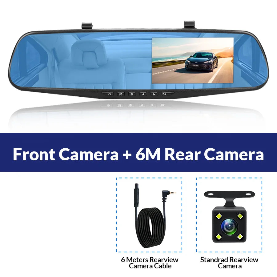 Dash Cam de 4,3 pulgadas "mini espejo retrovisor digital dashcam, doble cámara frontal y trasera IPS Cámara delantera y trasera Registrador Negro