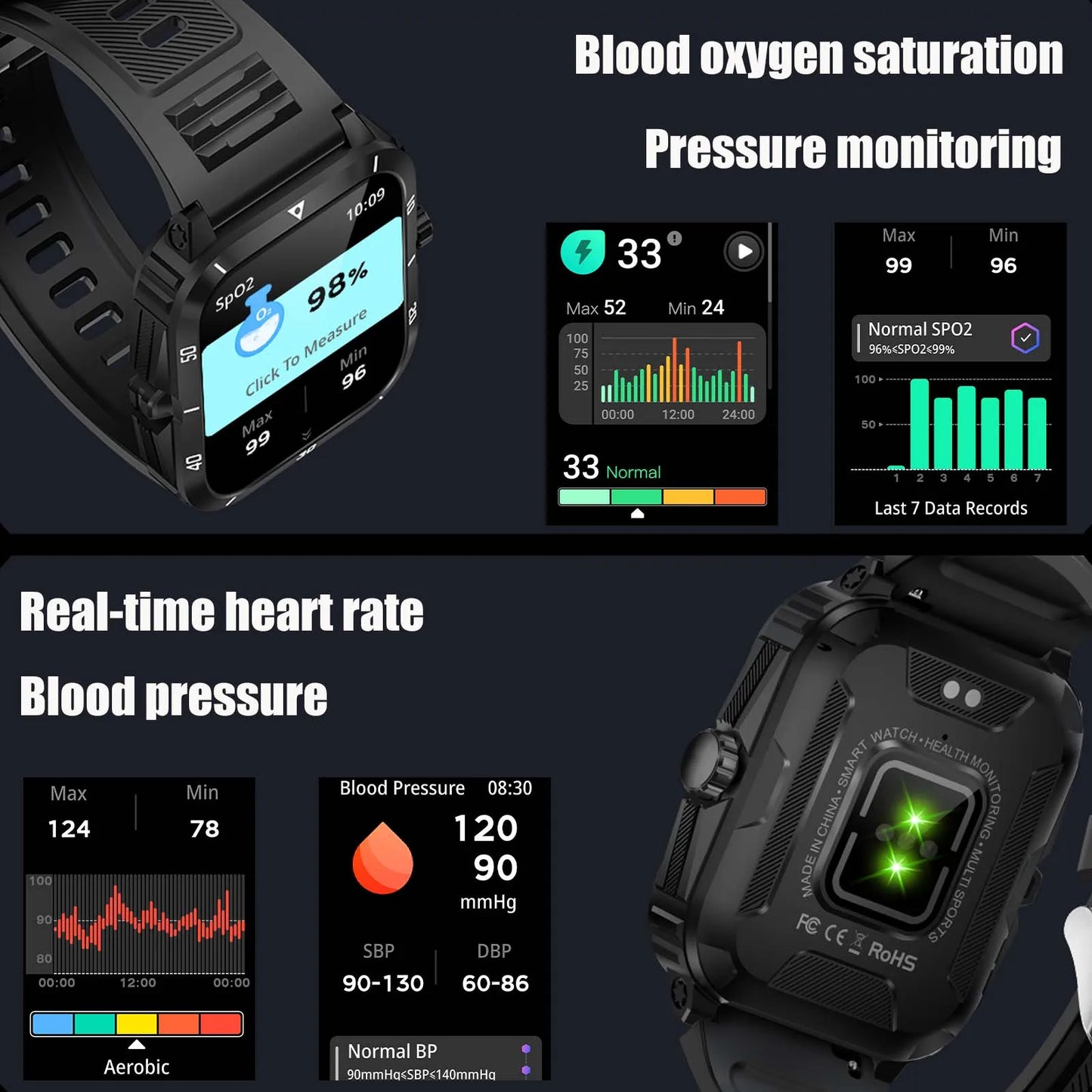 EIGIIS Smart Watch 3ATM Waterproof 1.96" IPS Military Screen KT71 Men's 100+ Sports Mode Heart Rate Blood Pressure Bluetooth Call