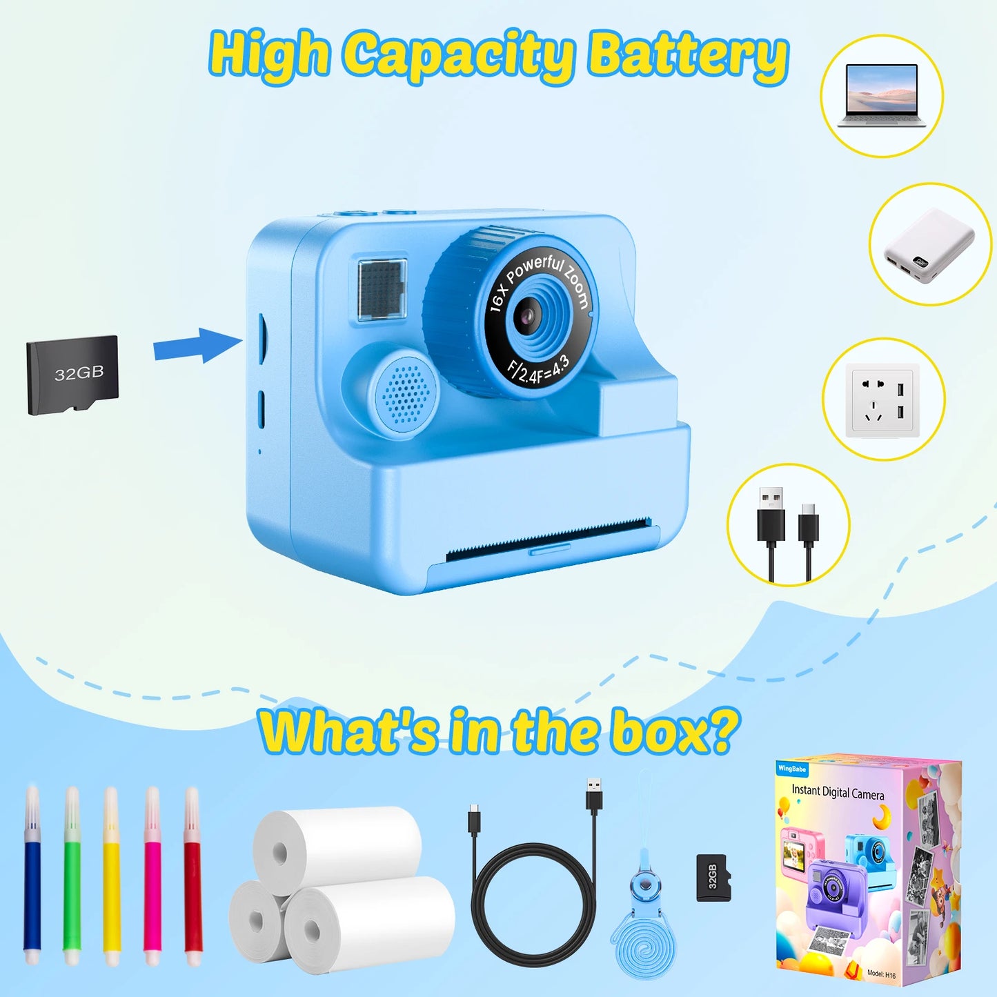 Nouvelle caméra pour enfants abeille caméra instantanée 1080P HD double objectif Selfie appareil photo numérique impression pour filles garçons cadeaux d'anniversaire de noël jouets