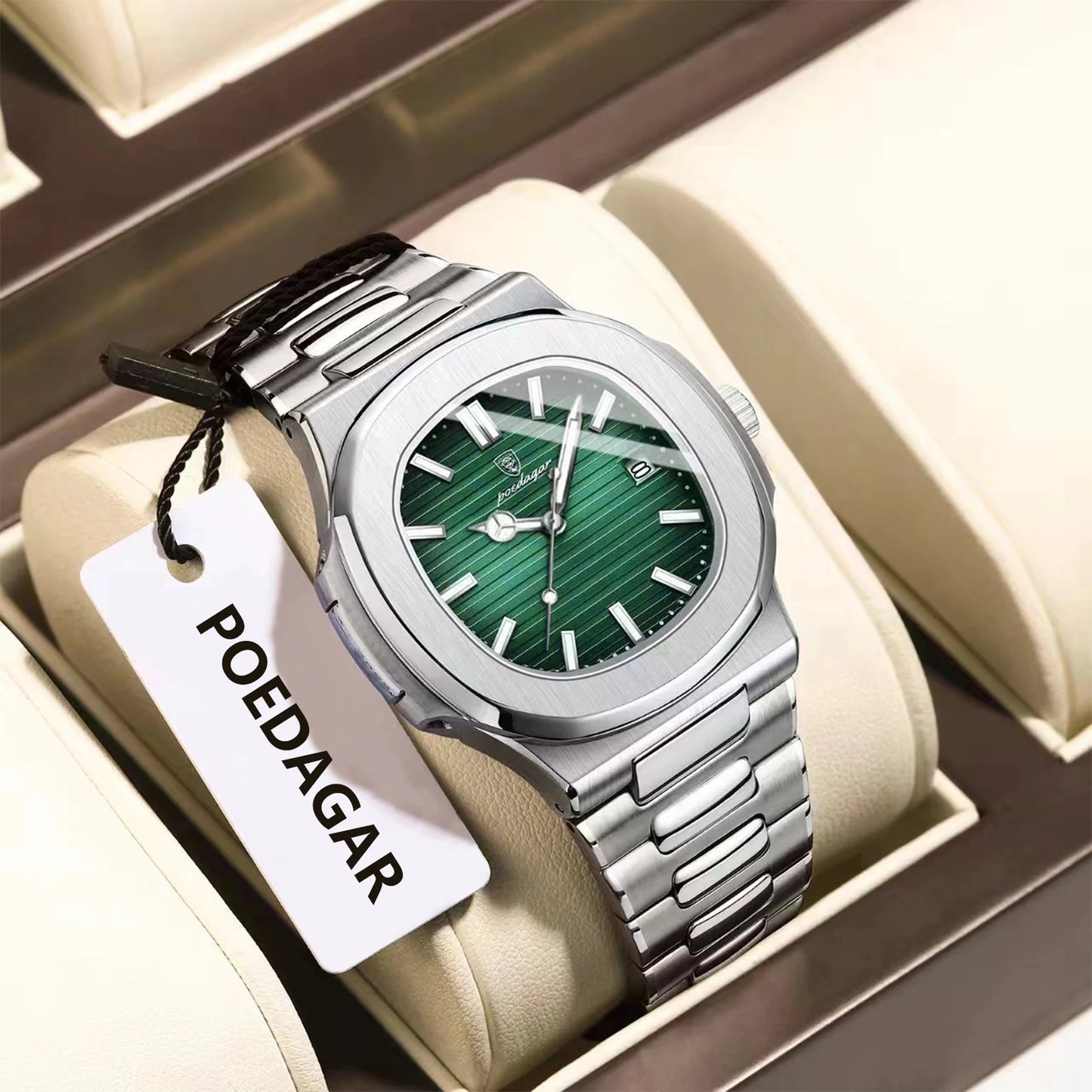 POEDAGAR Fashion Square Men's Luminous Waterproof Stainless Steel Wristwatch Men's Watch Date Quartz Business Men's Watches Reloj