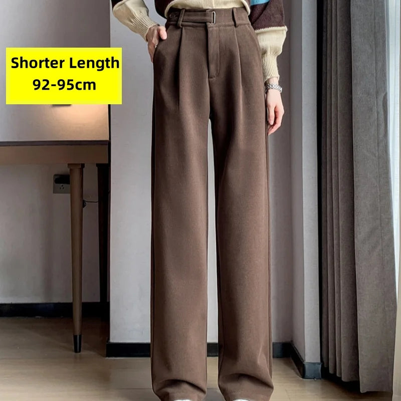 Seoul Autumn/Winter Thickened Wool Casual Loose Full Length Trousers 2025 New Button High Waist Chic Wide Leg Pants Women
