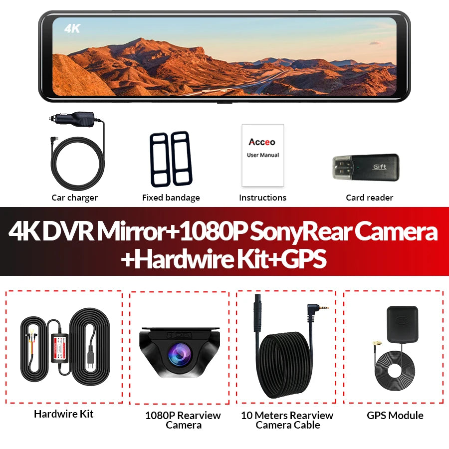 E-ACE A45P 4K WIFI GPS Coche DVR 12 Pulgadas Táctil IPS Pantalla Parque Retrovisor Opcional Cámara Trasera Dashcam Grabador de Vídeo