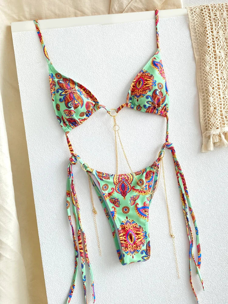 Sexy Triangle chaînes Bikini ensembles Micro tongs maillot de bain femmes maillot de bain Biquini pansements de plage maillot de bain imprimé string Bikini