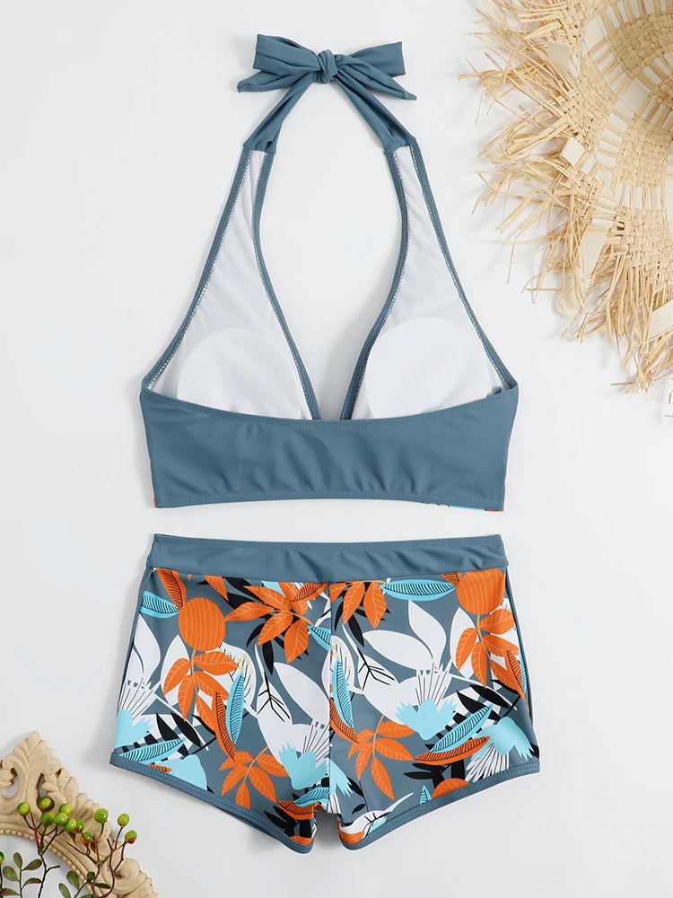 Ensemble de bikini halter 2026, maillot de bain court pour femme, maillot de bain taille haute imprimé, tenue de plage