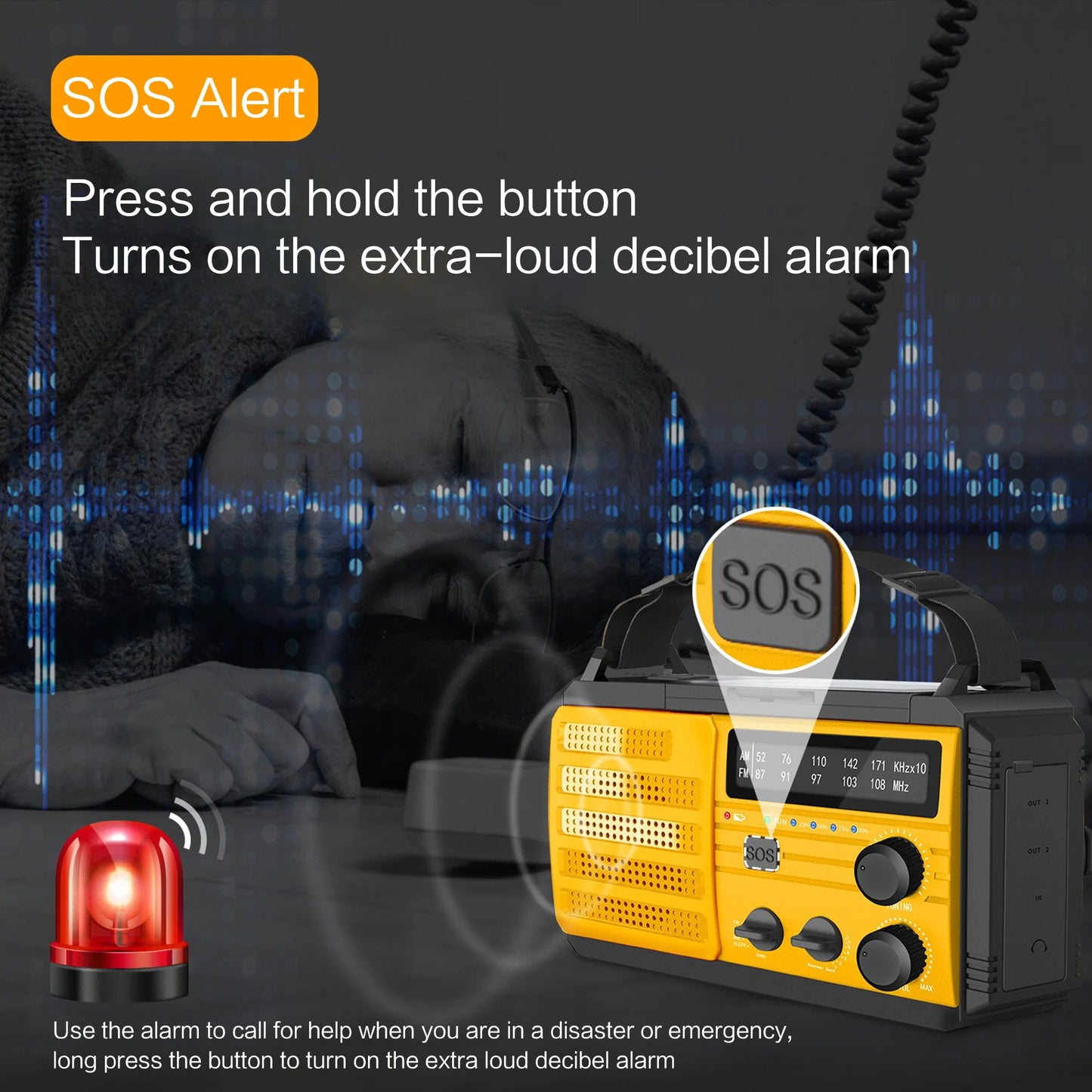 Radio météo d'urgence multifonctionnelle, FM AM WB, manivelle, charge USB solaire, batterie externe 2000mAh, lampe torche LED