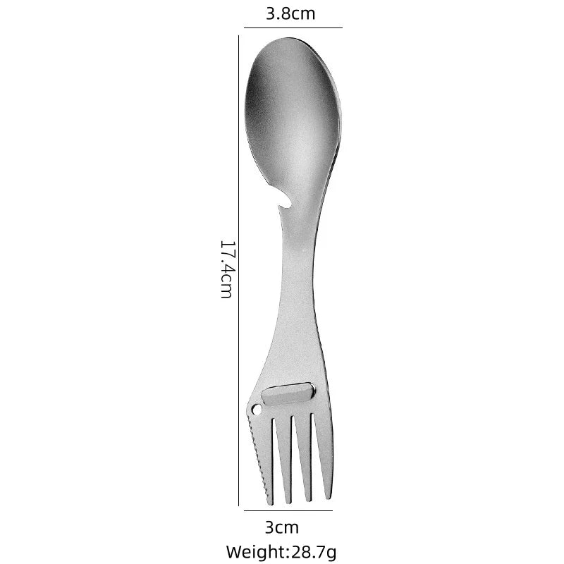 Cuillère fourchette de camping 5 en 1 en titane avec ouvre-bouteille éplucheur à bord dentelé, ustensile d'extérieur portable ultraléger (1 pièce)
