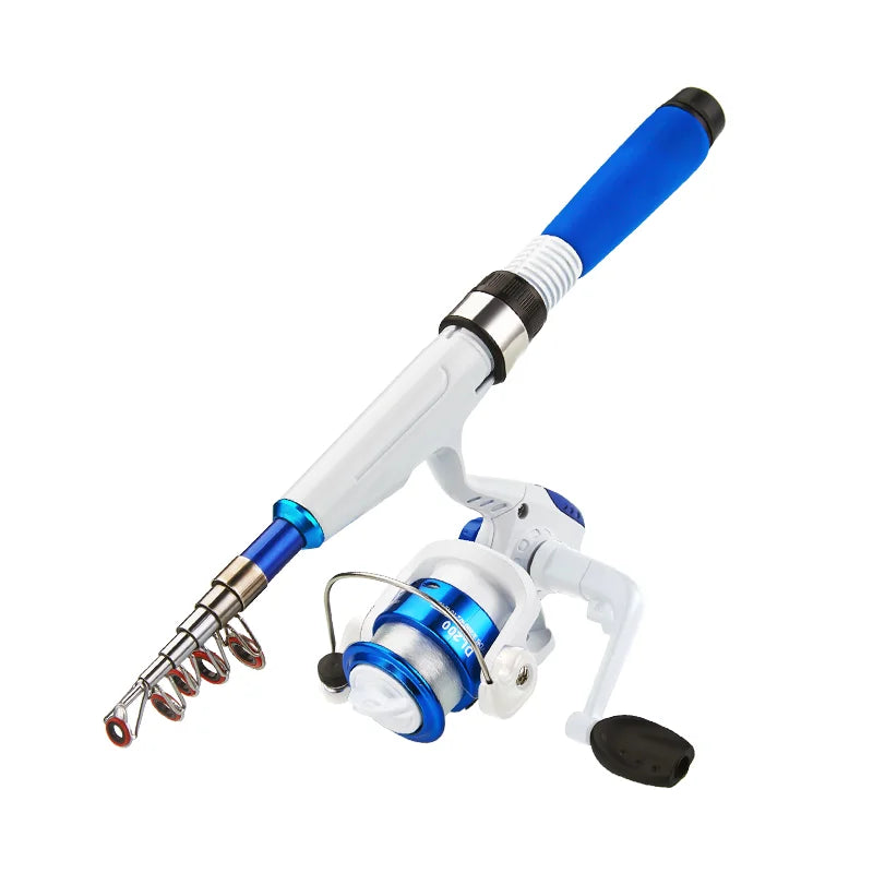 DEUKIO – Mini canne à pêche combinée avec canne à pêche télescopique courte et moulinet Spinning, ensemble de poteaux de voyage pour enfants débutants