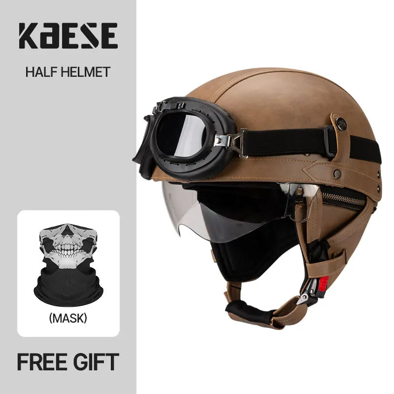 Casque Moto Demi-Visage Vintage DOT — Homme Femme Scooter Été Noir Marron