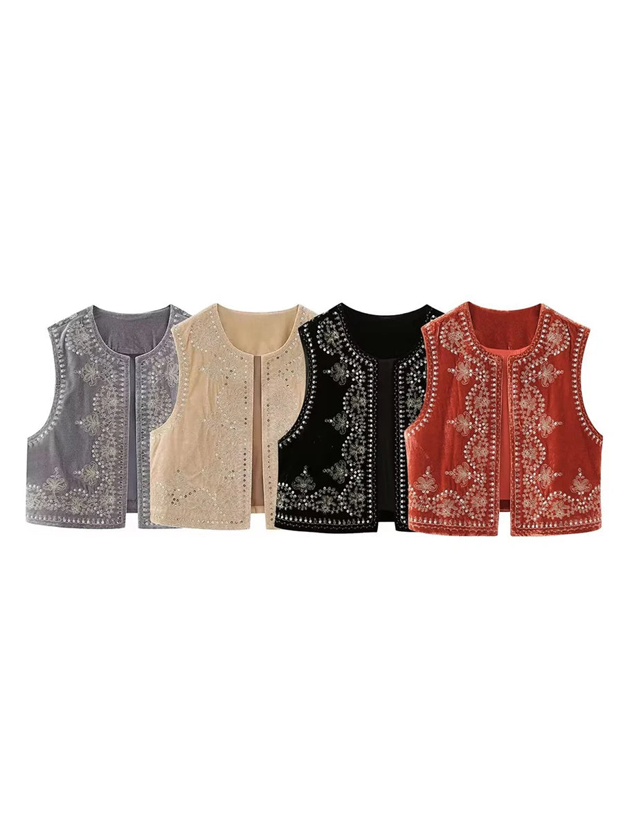 Gilet brodé noir Vintage à motif Floral pour femmes, sans manches, ouvert sur le devant, court polyvalent, vêtements d'extérieur y2k, Cardigan Boho court