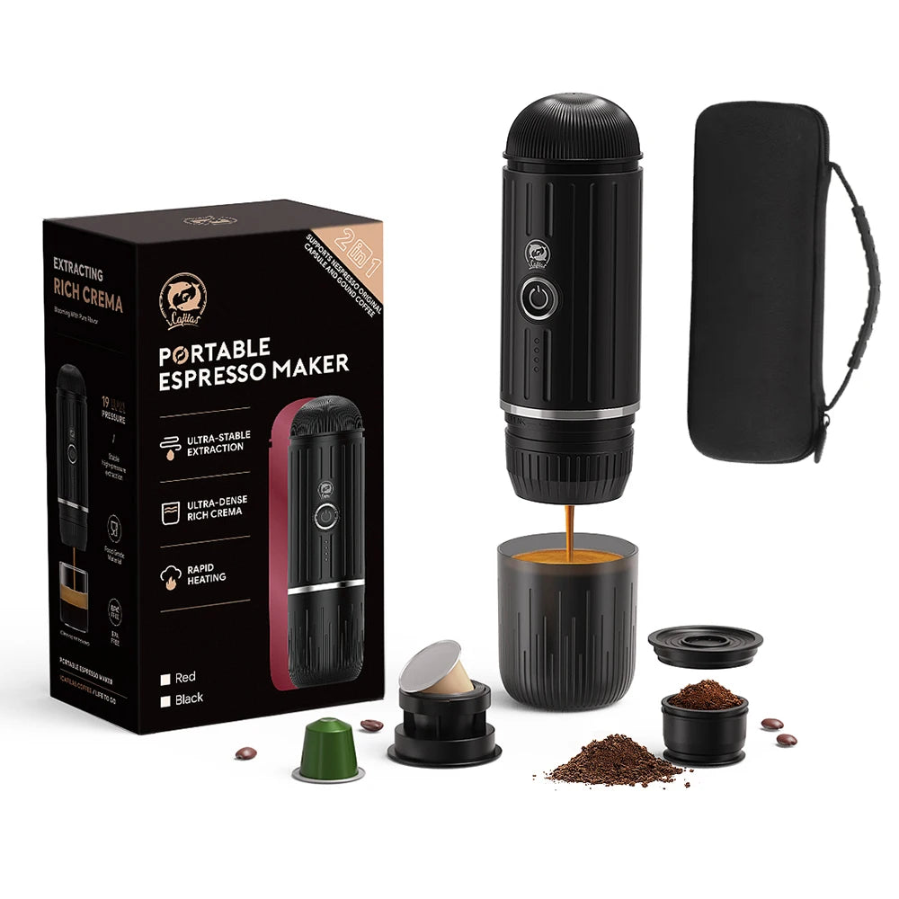 Machine à café expresso portable 19 bars — chauffage automatique, compatible capsules et café moulu