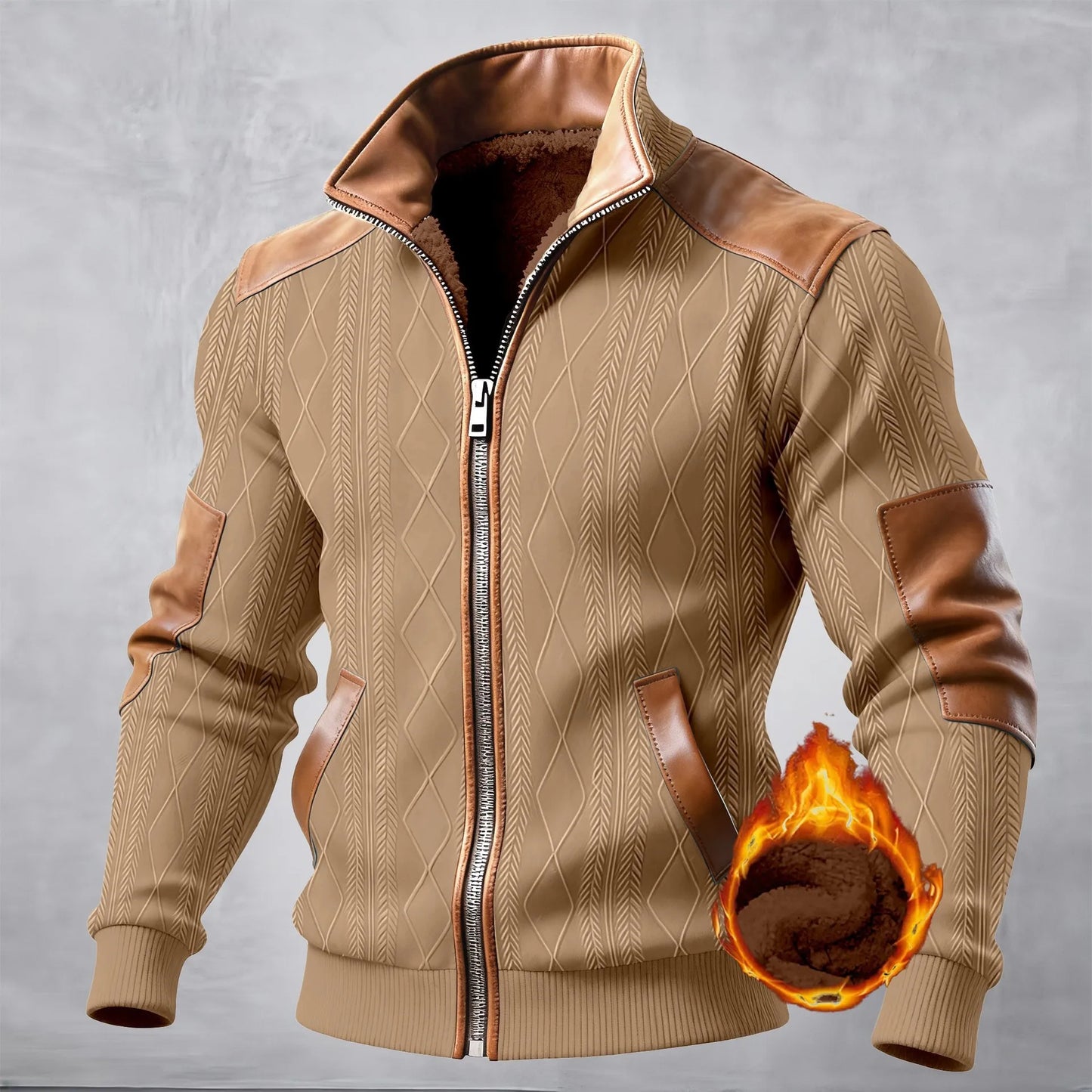 Men's Casual Jacket, textured, jacquard patchwork, fashionable, stand-up collar, warm and comfortable, winter