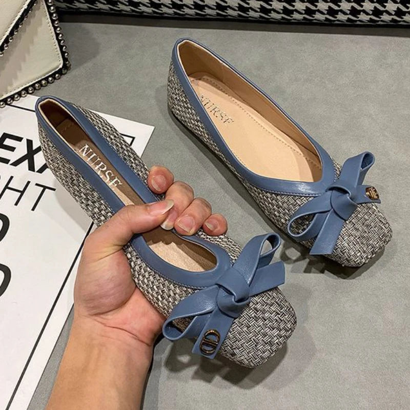 Women's shoes 2025 new woven knot square toe women's ballet flats soft sole large size women's fashion shoes Chaussure Femme
