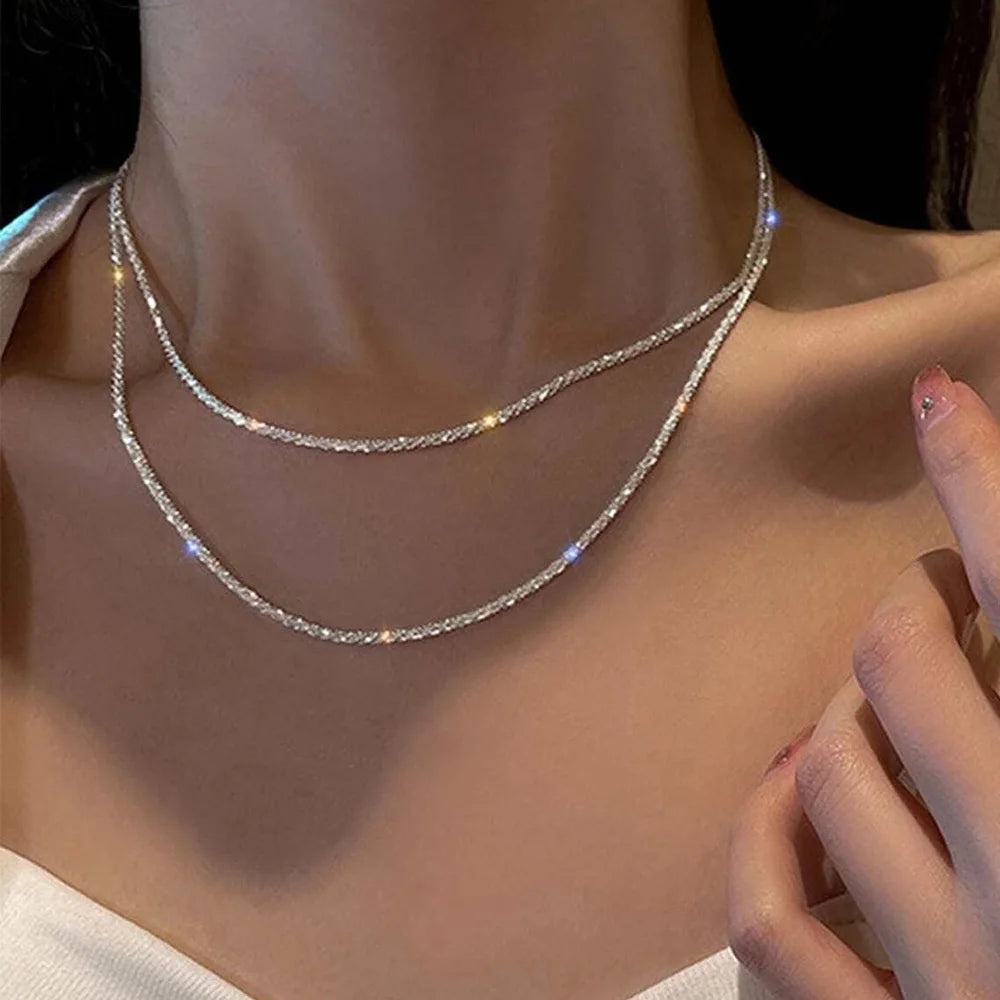 Collier scintillant Simple pour femmes, couleur argent, chaîne de clavicule, ras du cou, coréen, bijoux cadeau de fête de mariage