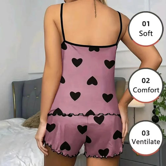 Women's Pajama Set, T-Shirts and Shorts, Pink Heart Print T-Shirt, Round Neck, Ice Silk Top, Comfortable and Casual, Summer