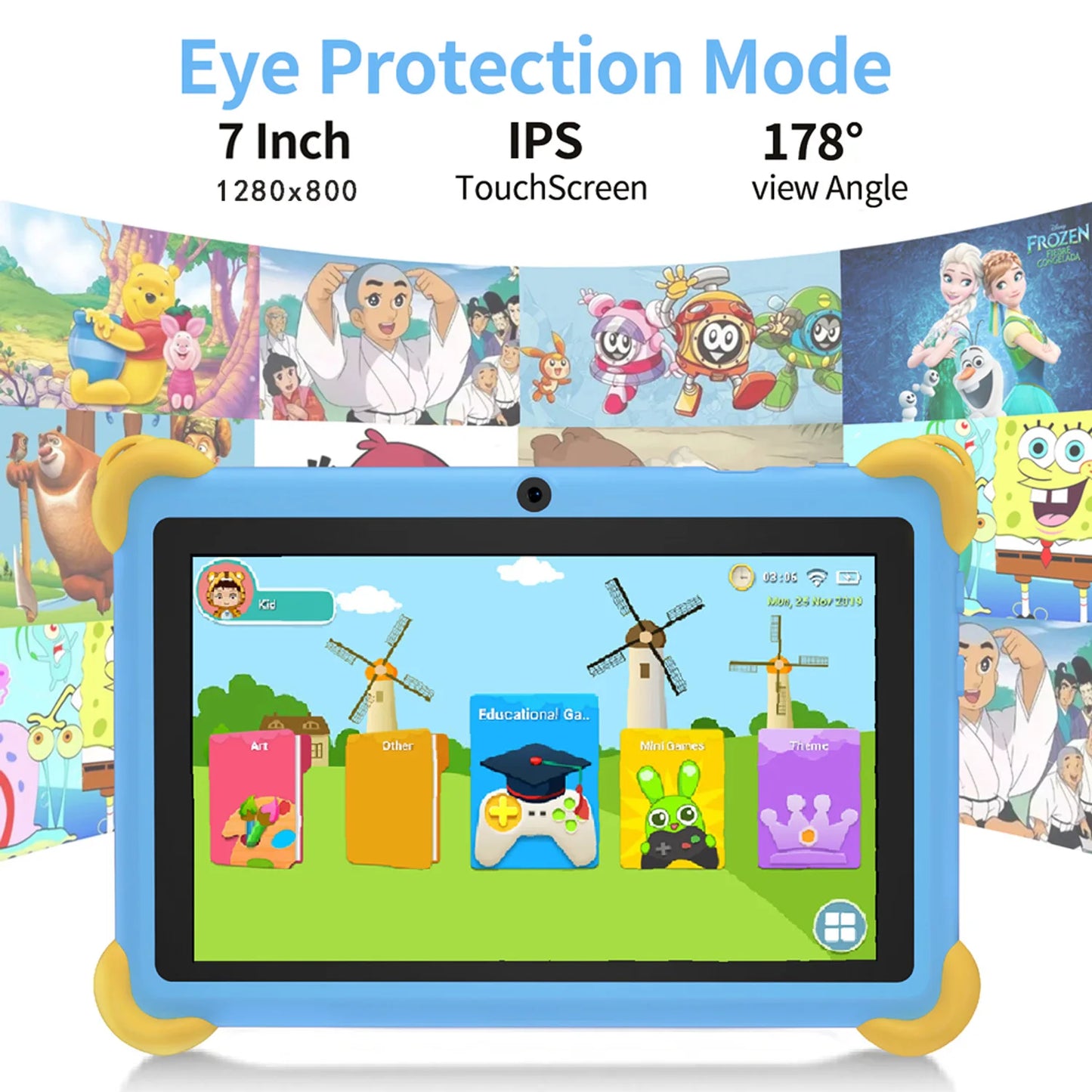 Tablette pour enfants de 7 pouces 5G avec motif de dessin animé, PC d'apprentissage et d'éducation Android avec étui à l'épreuve des enfants, tablette 4000mAh