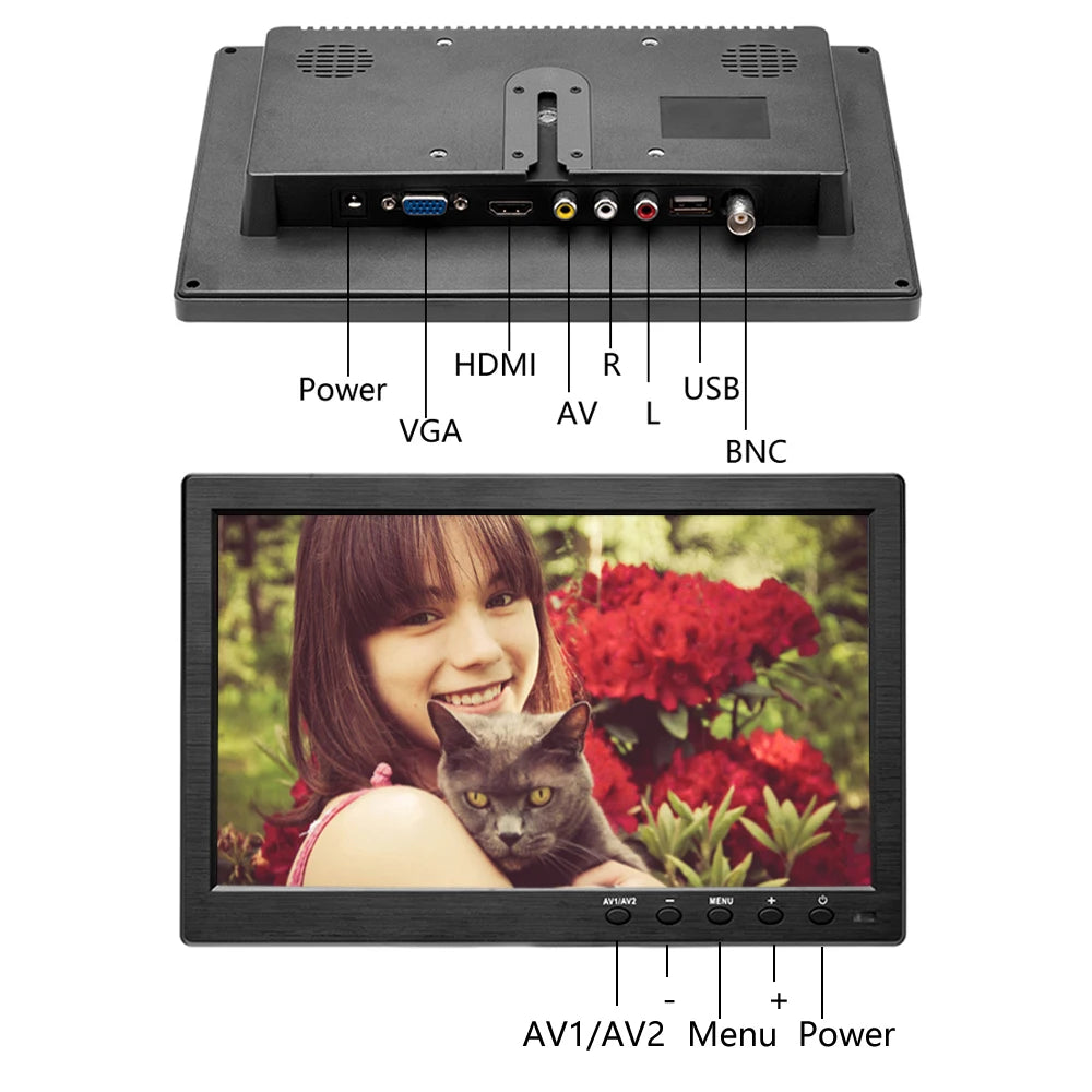 Podofo Monitor de coche LCD HD de 10.1" 1024*600, mini TV, monitor LCD de pantalla digital con HDMI/VGA/AV/USB/SD/TV/reproductor de DVD para vigilancia