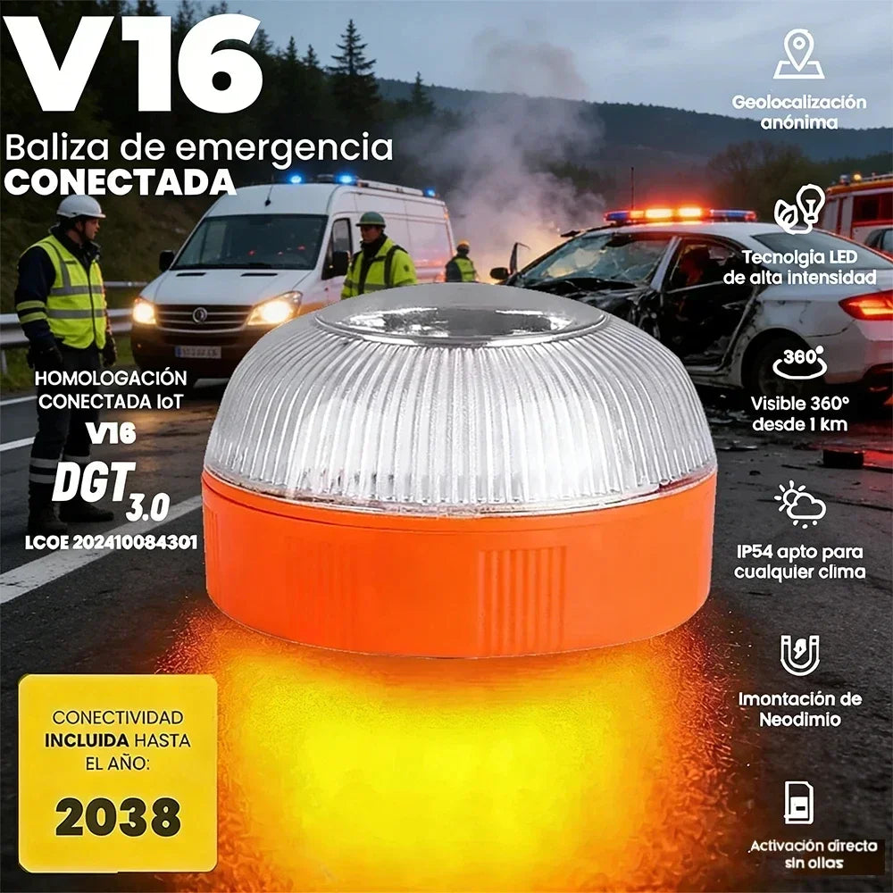 Nouvelle lampe de signalisation d'urgence V16 2026 avec géolocalisation, homologuée DGT 3.0, avec carte SIM et données payantes jusqu'en 2038