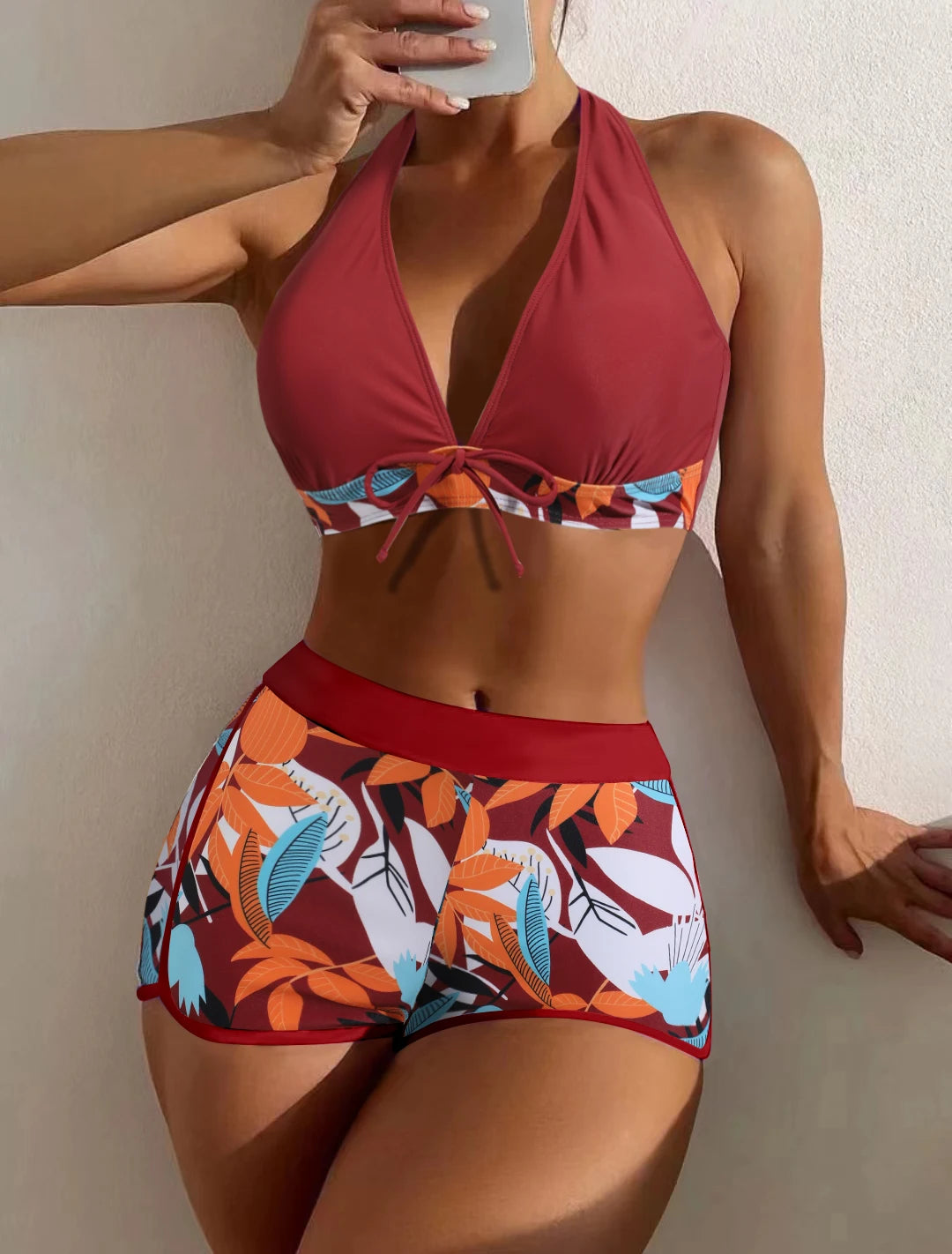 Ensemble de bikini halter 2026, maillot de bain court pour femme, maillot de bain taille haute imprimé, tenue de plage