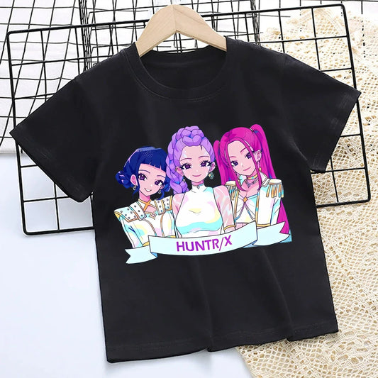 T-shirt dessin animé chasseur de démons pour enfants et filles — col rond, manches courtes, noir