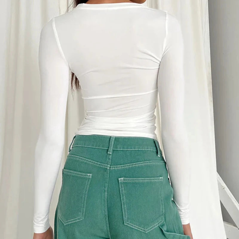 Women's Long Sleeve T-shirt Slim Fit Tops Women's Crew Neck Knitted Bodycon T-shirt Street Wear 2024 New 2408