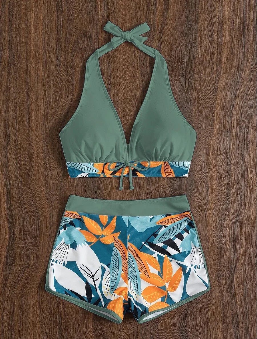 Ensemble de bikini halter 2026, maillot de bain court pour femme, maillot de bain taille haute imprimé, tenue de plage