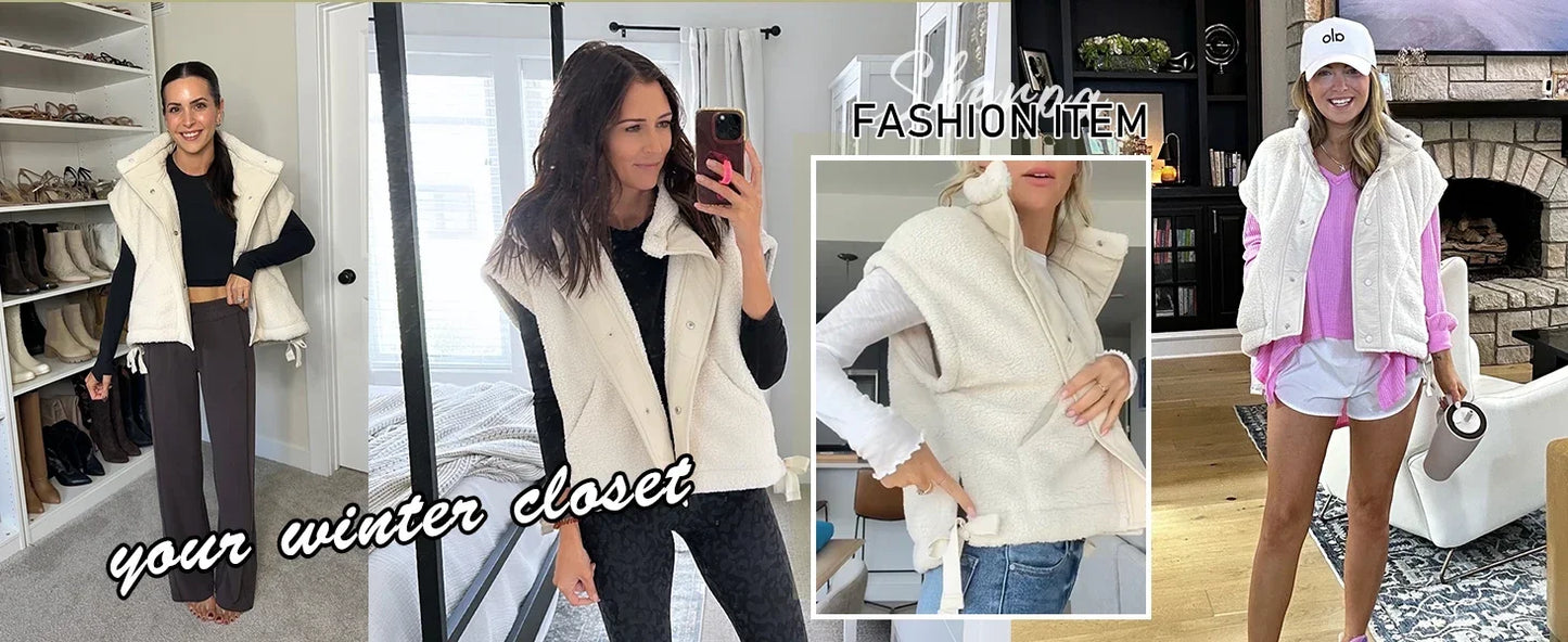 Gilet polaire pelucheux pour femme, surdimensionné, sans manches, Sherpa, chaud, boutonné, vêtements d'extérieur avec poches