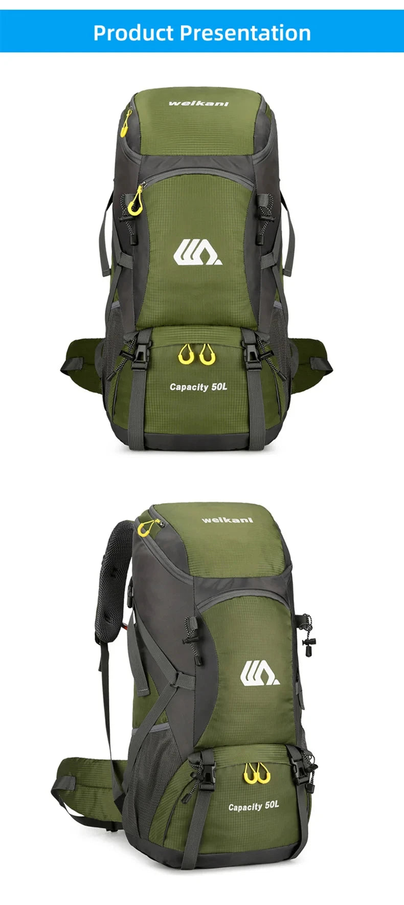 Sac à dos d'escalade en nylon pour homme, sac à dos de camping, sac à dos de randonnée, sports de plein air, canadisme, trekking initié, sac à dos de voyage, 50l