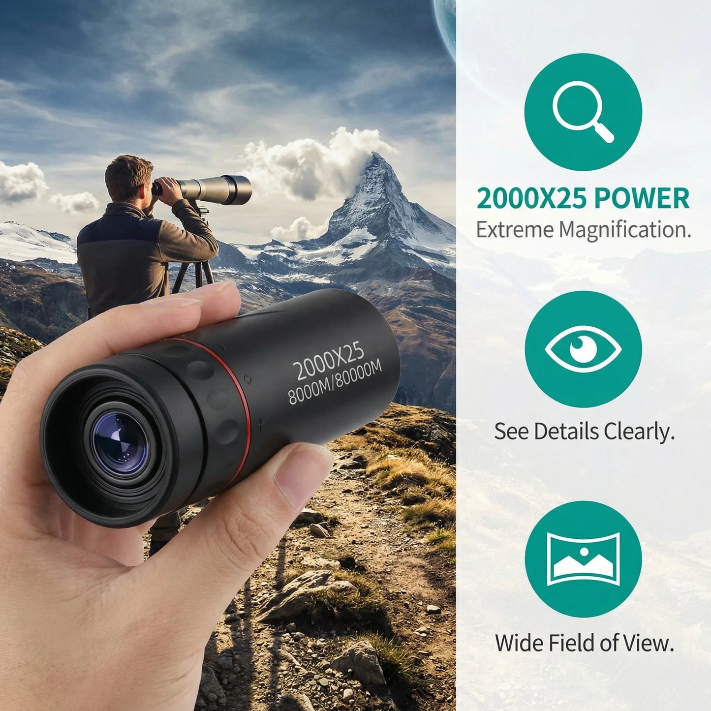Télescope monoculaire HD 2000x25 : Mini portable, pour le camping en plein air, la chasse et l'observation des oiseaux