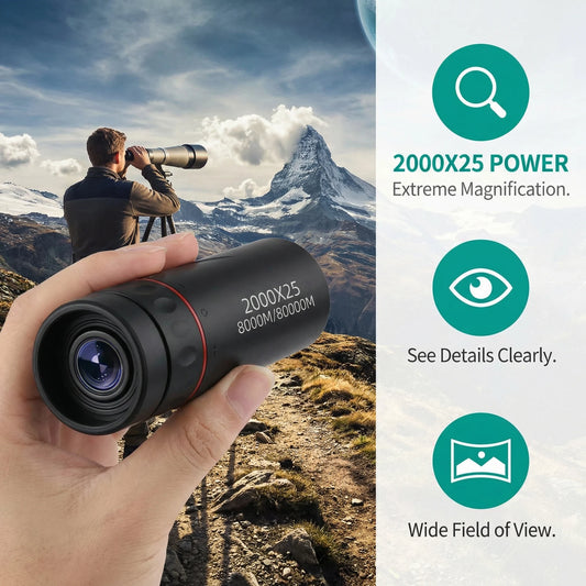 2000x25 HD Monocular Telescope: Mini Portable, for Outdoor Camping, Hunting, and Bird Watching