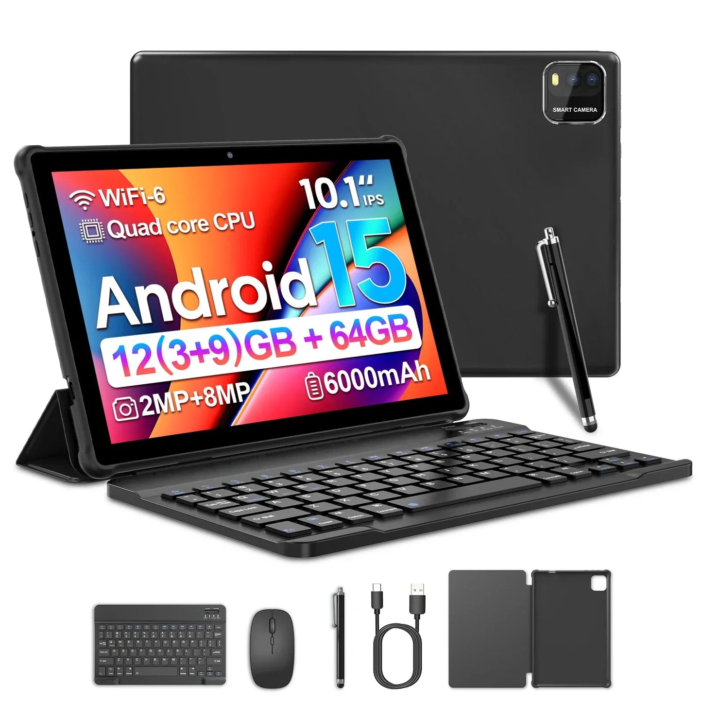 BAKEN Android Tablet 15 10 inch, Quad-Core Processor, 12GB (3+9 Extension) RAM + 64GB Storage, 5G WiFi, 1280*800 Dual Camera
