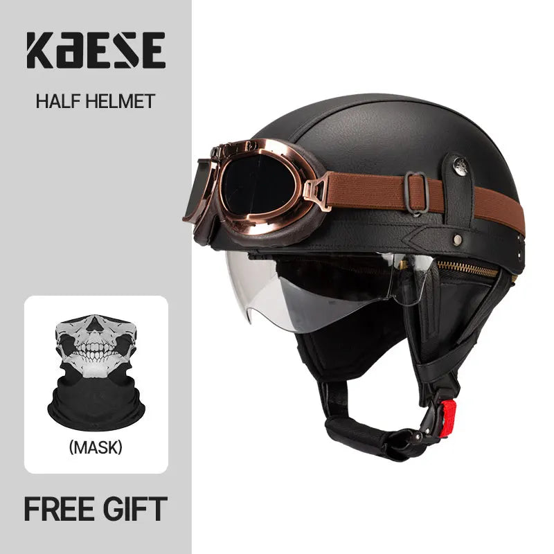 Casque Moto Demi-Visage Vintage DOT — Homme Femme Scooter Été Noir Marron