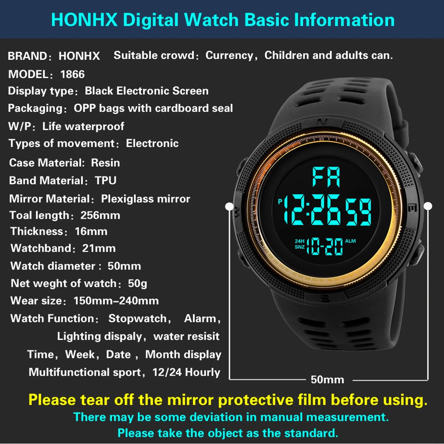 Reloj deportivo digital para hombre, impermeable, informal, luminoso, cronómetro, alarma, reloj militar sencillo para correr, escalar, pescar