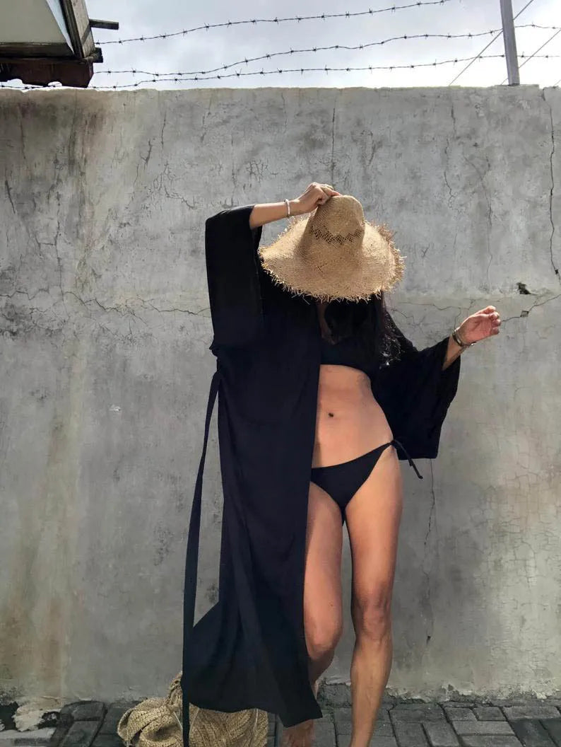 Robe de Plage Longue avec Ceinture pour Femme, Kimono Sexy, Cardigan d'Été, 5 Couleurs Unies