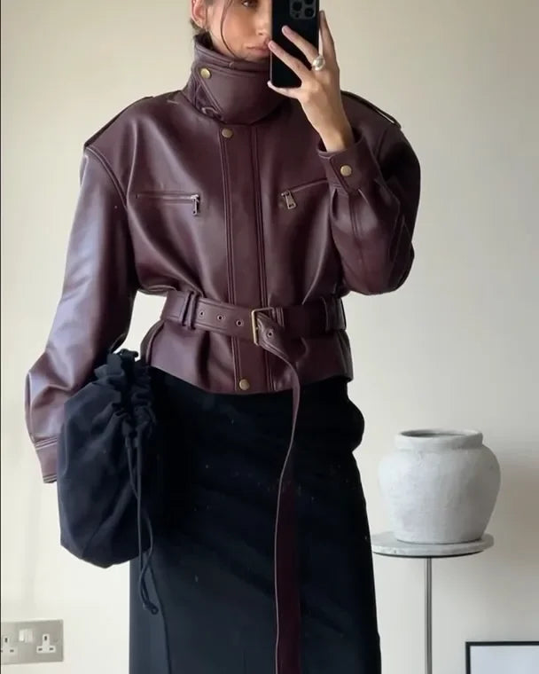 Femmes solide bordeaux taille cintrée veste mode à lacets col montant fermeture éclair seau vestes courtes 2025 dame haute rue manteau