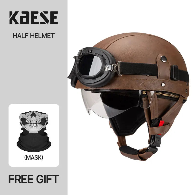 Casque Moto Demi-Visage Vintage DOT — Homme Femme Scooter Été Noir Marron