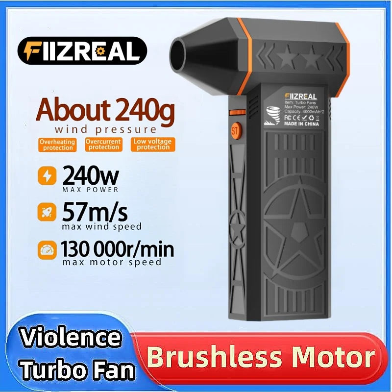 Ventilador Turbo sin escobillas Fiizreal X50 240W de alta velocidad portátil 8000mAh recargable 57 m/s viento tipo tifón carga tipo C ventilador de camping