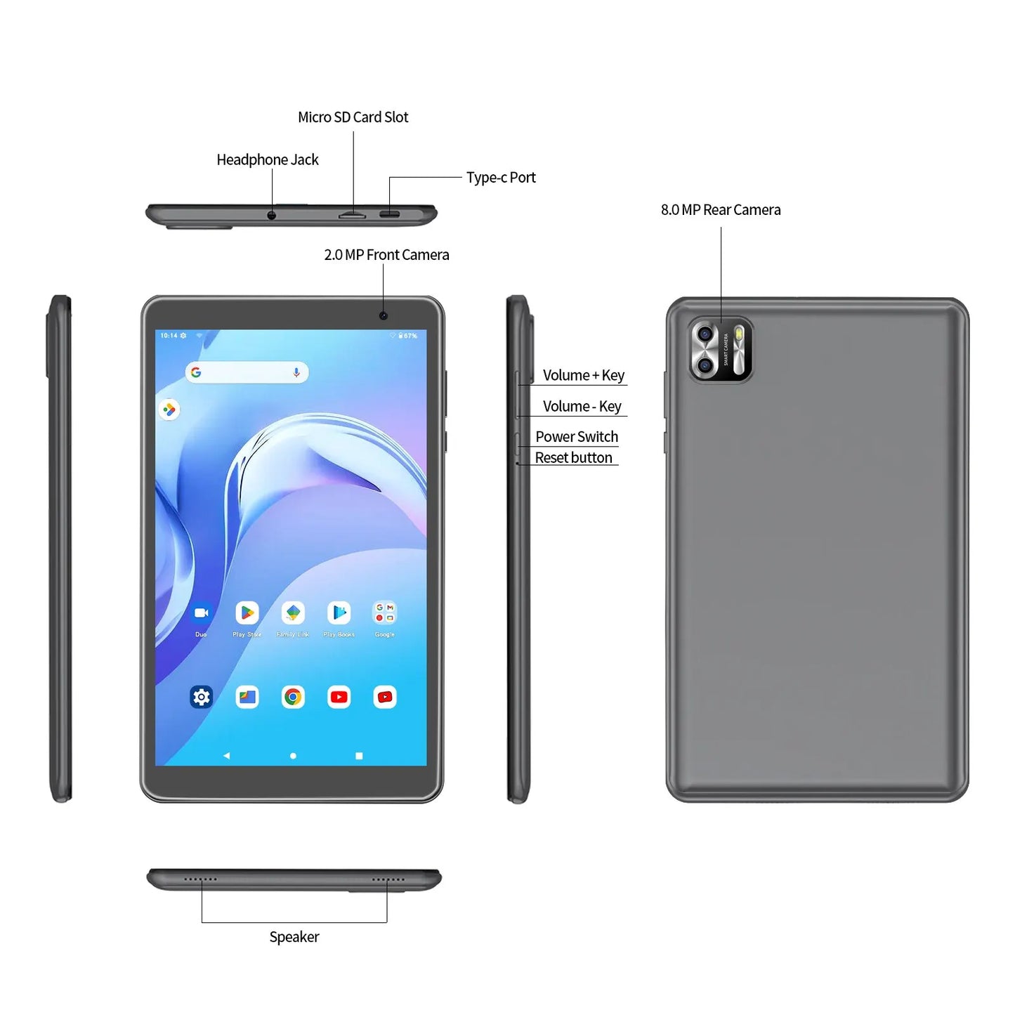 PRITOM – tablet Android 8 pulgadas 14, 8 GB (4 + 4 ampliados) RAM 64 GB ROM, expansión 1 TB, pantalla IPS 1280x800, batería 5000 MAH, doble cámara, WiFi