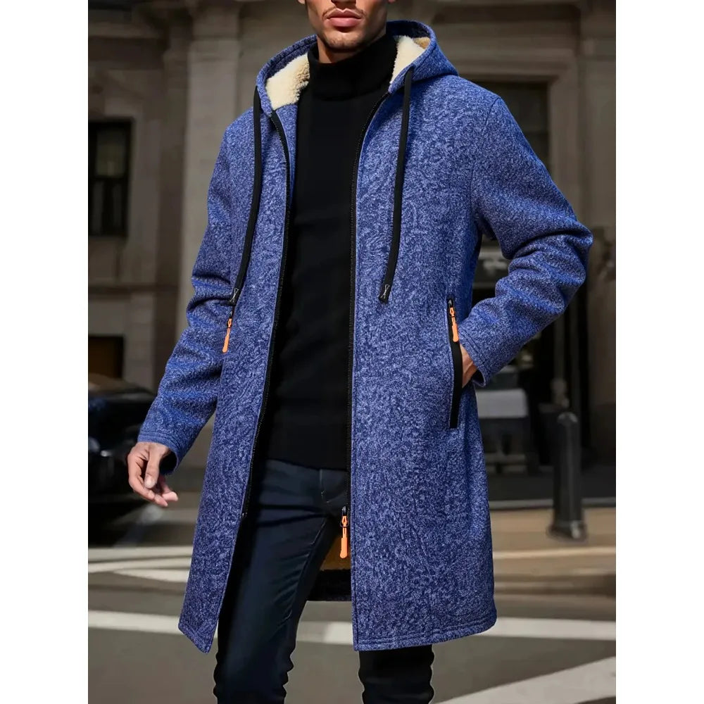 Abrigo largo cálido de invierno para hombre, chaqueta con cremallera, cortavientos de lana gruesa, abrigo informal cortavientos, chaqueta con capucha de color de contraste