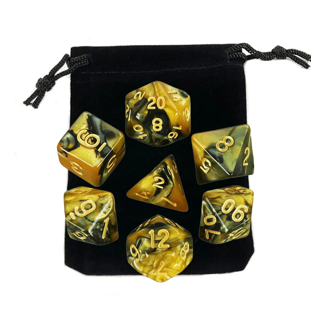 Dés polyédriques avec sac — jeu de société, jeu de rôle, d4, d6, d8, d10, d12, d20, 7 pièces