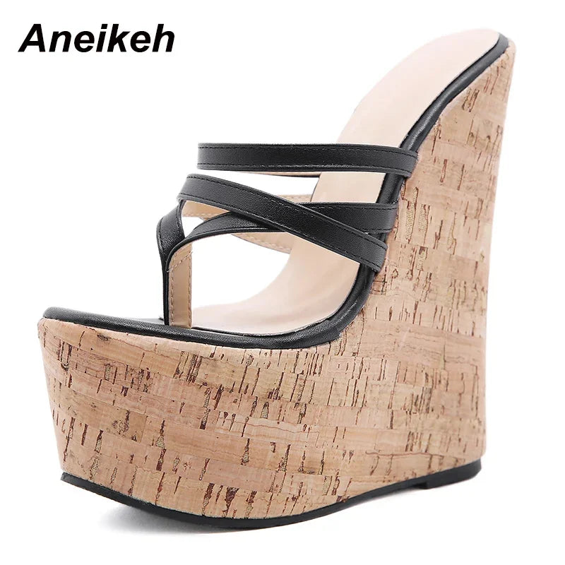 Aneikeh Women's Sexy Slippers 2026 Summer Wedges Platform High Heel Fashion Slip-on Rome Narrow Band Party Shoes
