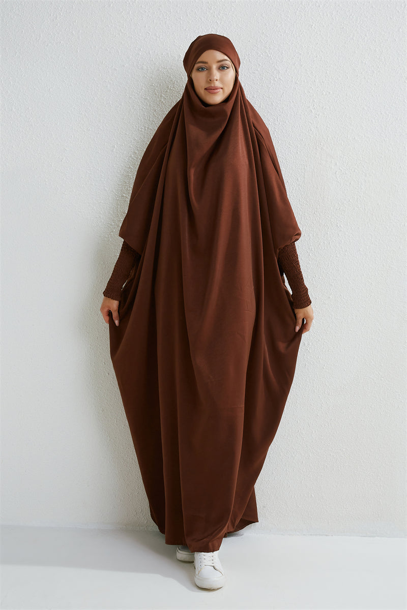 Abaya musulman à capuche manches smockées une pièce Robe de prière femmes Jilbab vêtements islamiques dubaï saoudien Robe noire modestie turque