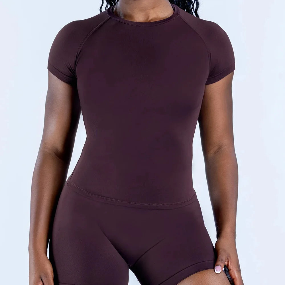 T-shirt de sport pour femme — manches courtes, col rond, respirant, élastique, course, fitness, yoga, entraînement