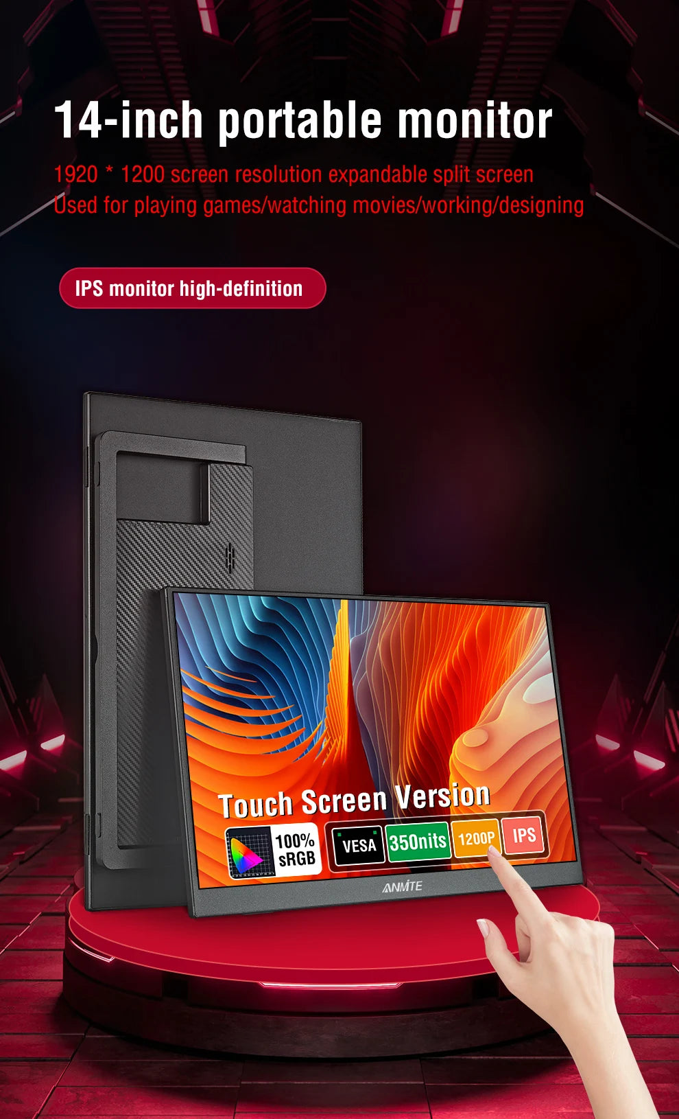 Monitor táctil portátil de 14 pulgadas, no táctil opcional, para juegos 16:10 400cd/m2, pantalla extensible para XBox PS4/5 Switch Loptop