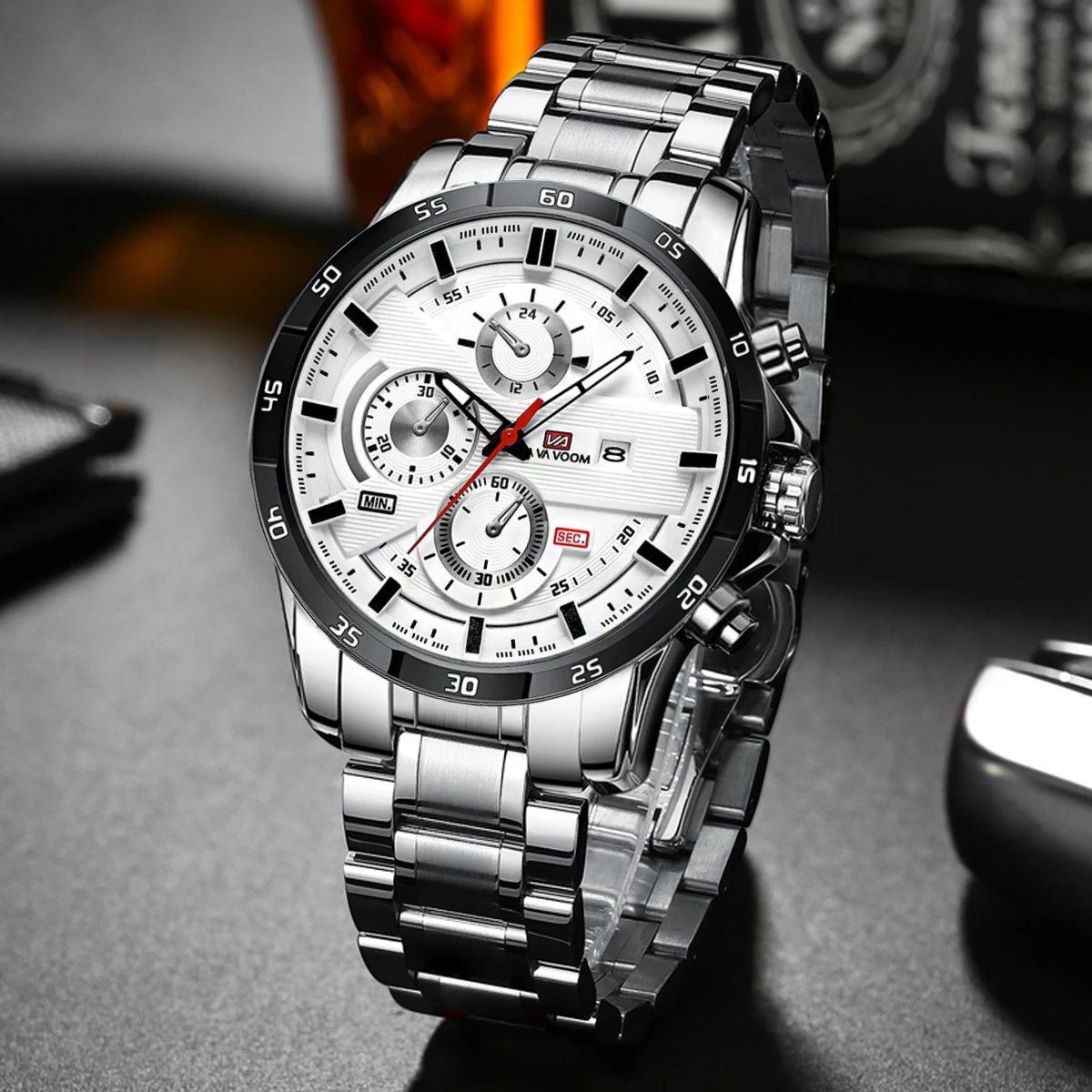 Montres de sport pour hommes, série de course de mode, 46mm, horloge en cuir noir VA VA VOOM, mouvement à Quartz 3Bar, montre-bracelet étanche pour hommes
