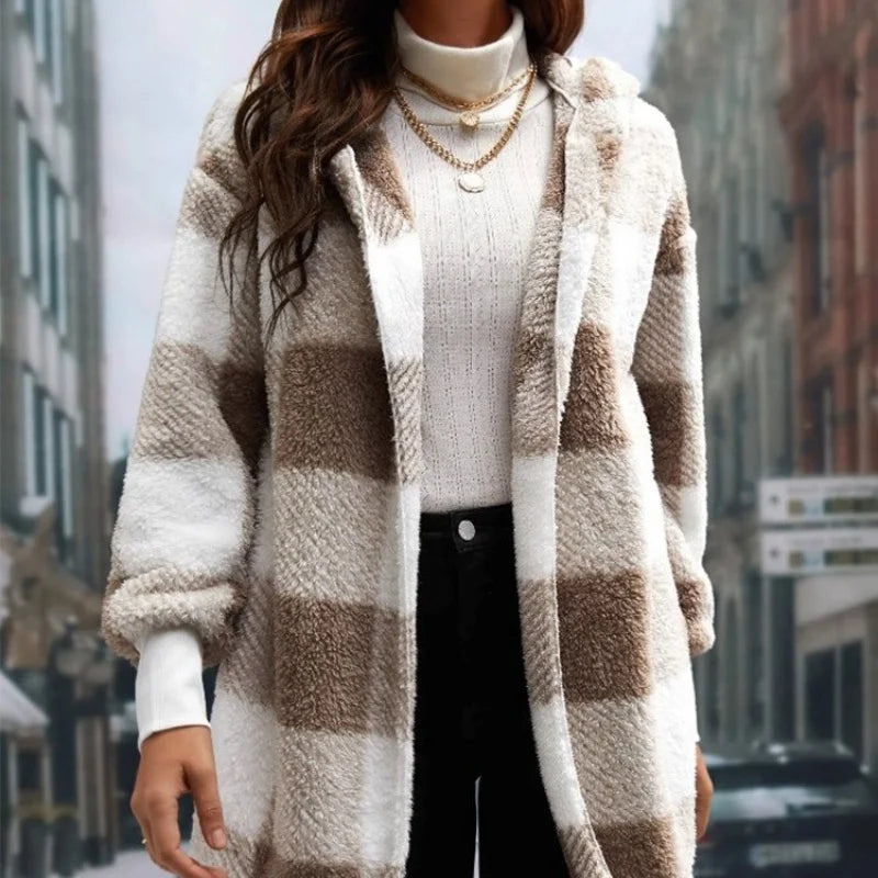 Cardigan Double polaire à carreaux pour femme, doux, ample, manches longues, peluche, chaud, veste à capuche, Patchwork, manteau d'extérieur, automne hiver