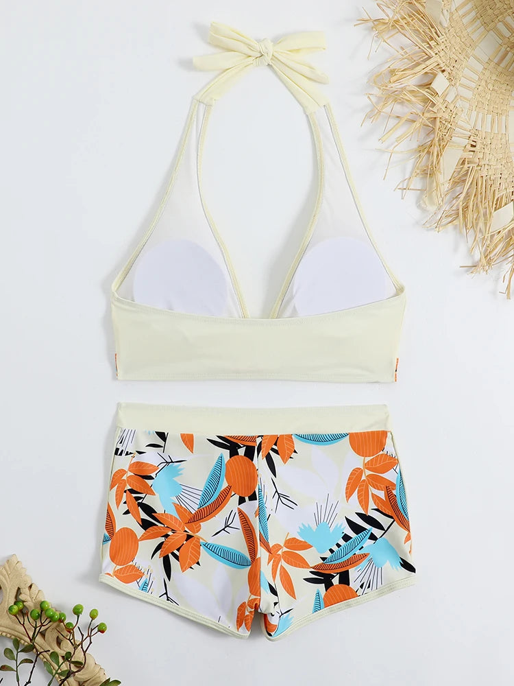 Ensemble de bikini halter 2026, maillot de bain court pour femme, maillot de bain taille haute imprimé, tenue de plage